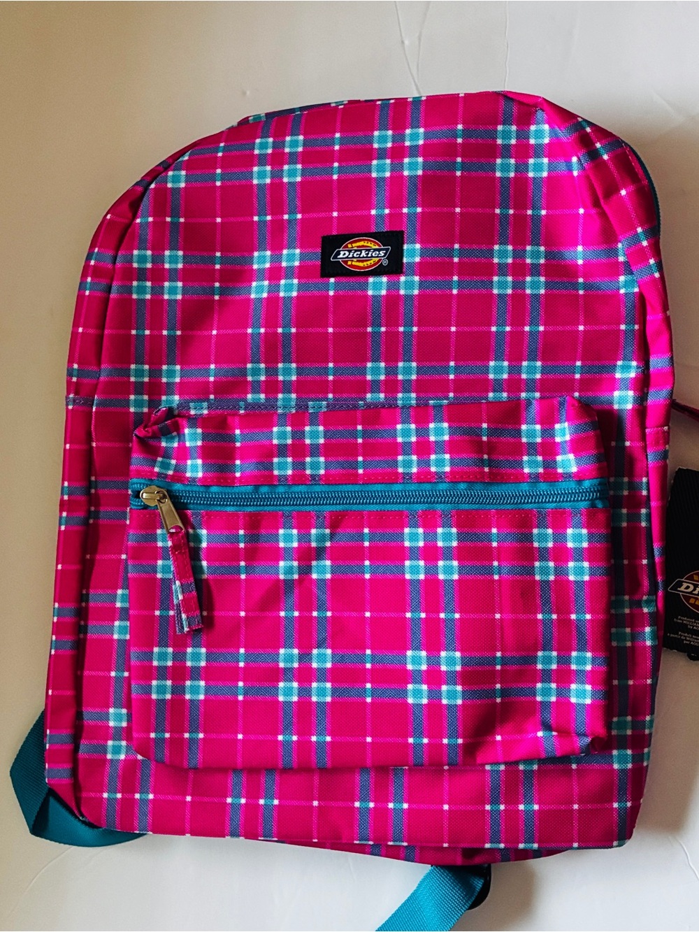 🔥Hot Sale Dickies Pink Plaid Backpack with Teal and White Stripes